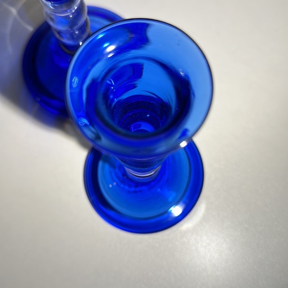 Vintage Hand Blown Colbalt Blue Bubble Glass Candle Holders Set of 2 - Picture 4 of 9